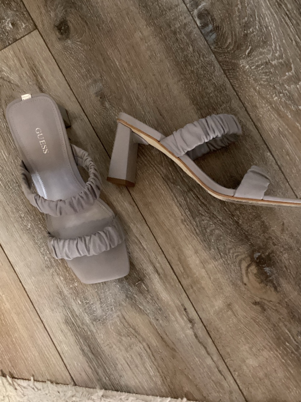 GUESS Ruched Double-Strap Block Heel Sandals in Taupe Gray